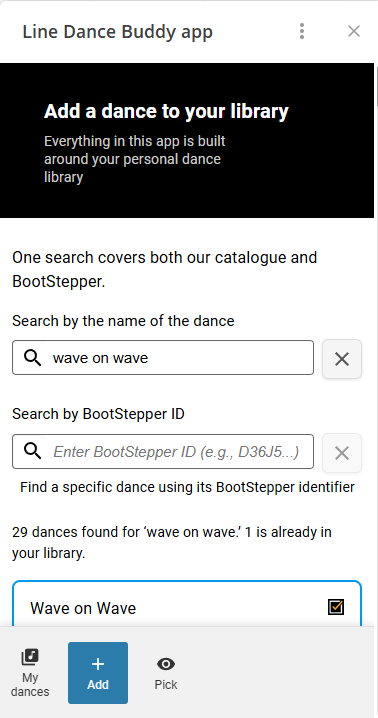 Add-a-dance page showing search-by-name input and search-by-ID input and the search results summary.  