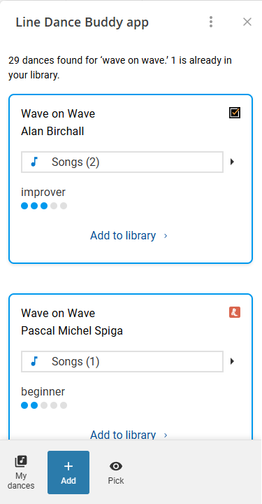 Add-a-dance page showing the top two search results for ‘wave on wave’ search.