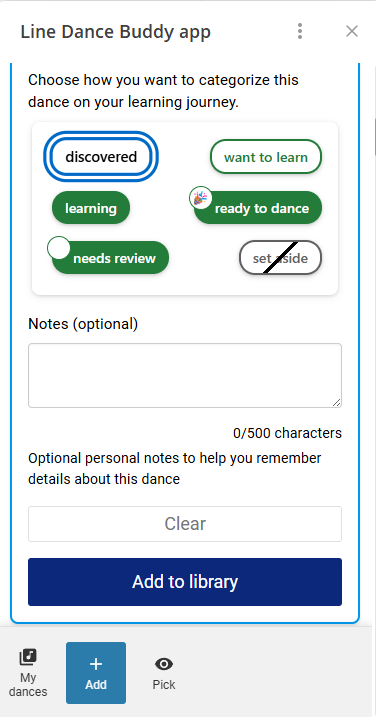 Add-a-dance page showing the UI of choosing to add a dance to one’s library.