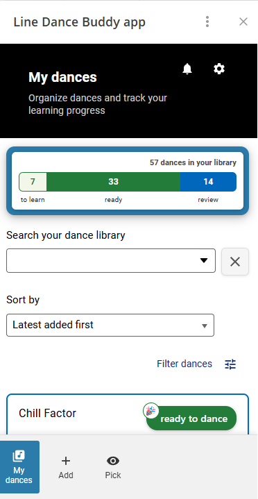 Dance library showing search, sort by, and filter functions.
