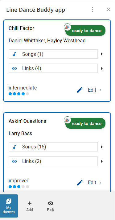 Dance library showing two dance cards with name, choreographers, learning status badge, songs accordion, links accordion, difficulty level, and an edit button.