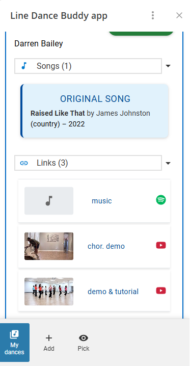 Dance library showing a dance card with the songs and links accordions open.