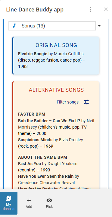 Dance library showing alternative songs for a dance with BPM, genre, and year of release.
