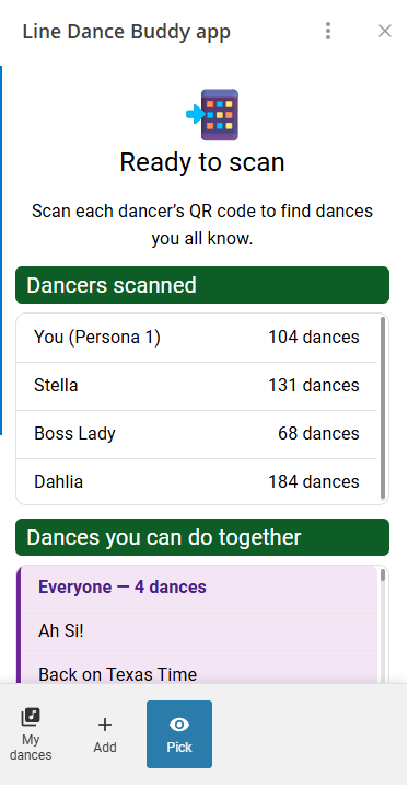 A demo of a host page where they scan dancers.