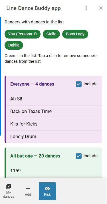 A demo of a host page where they can see the list of dances in common.