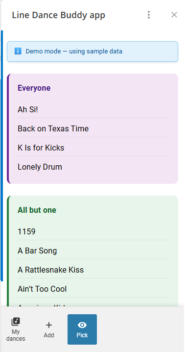 A demo of a host page that shows the final list of dances in common.