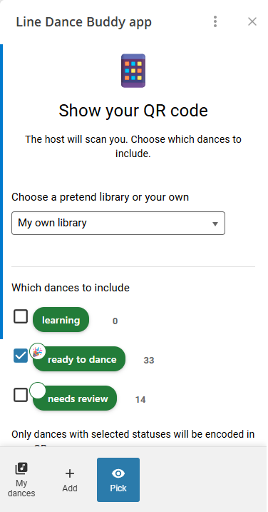 A demo of the joiner page where they choose which status of dances to be included in their QR code.