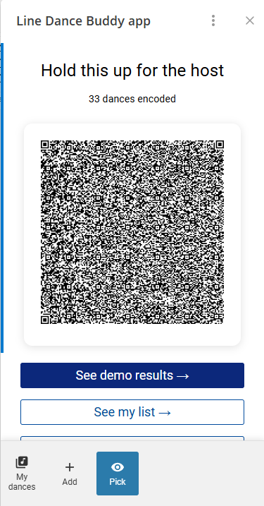 A demo of the joiner page where there is a QR code of their encoded selected dances.