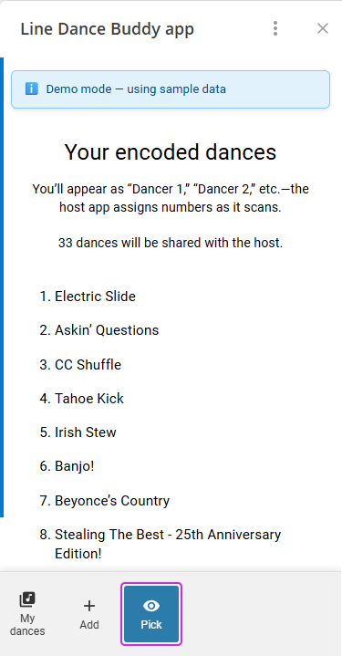 A demo of the joiner page where there is a list of the joiner’s dances that are being encoded.